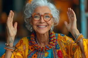 ai generato contento e giocoso anziano donna nel colorato Abiti in casa foto