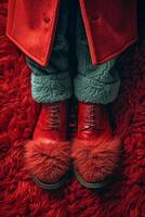 ai generato avvicinamento di piedi nel rosso scarpe. alla moda rosso scarpe foto