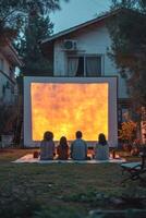 ai generato il famiglia è Guardando un' proiettore su il strada vicino il Casa , film nel il cortile foto