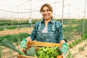 contento latino contadino Lavorando dentro agricolo serra - azienda agricola persone stile di vita concetto foto