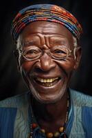 ai generato ritratto di un' divertente africano vecchio uomo con un' barba su un' nero sfondo foto