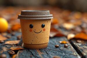 ai generato monouso caffè tazza con un' sorridente viso su un autunno sfondo foto