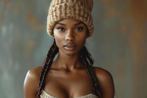 ai generato inverno ritratto di un' giovane africano americano bellissimo donna nel un' cappello e sciarpa foto