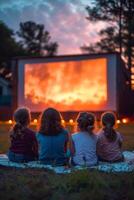 ai generato il famiglia è Guardando un' proiettore su il strada vicino il Casa , film nel il cortile foto