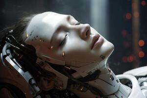 ai generato avvicinamento di un' femmina di cyborg viso. bionico robot foto