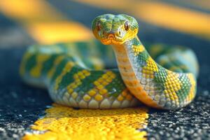 ai generato un' serpente striscia attraverso un' pedone attraversamento su il strada foto