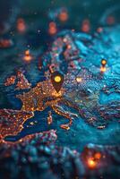 ai generato macro fotografia di segnaposto al di sopra di il principale capitali di il europeo continente. un' carta geografica di Europa nel neon leggero con marcatori. 3d illustrazione foto