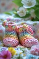 ai generato a maglia figli di scarpe fatto di naturale multicolore fatto a mano lana vergine. calore e comfort per neonati foto
