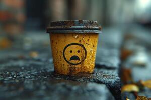 ai generato monouso caffè tazza con un' triste viso su un autunno sfondo foto