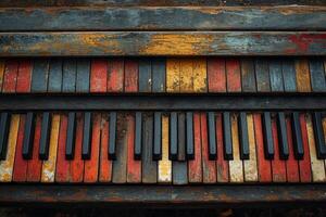 ai generato avvicinamento di il colorato chiavi di un vecchio pianoforte foto