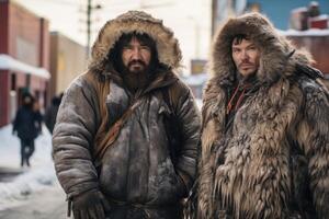 ai generato Due eschimese uomini nel pelliccia cappotti In piedi al di fuori durante il giorno nel inverno foto