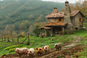 ai generato un' gruppo di maiali passeggiate vicino loro Casa su il azienda agricola foto