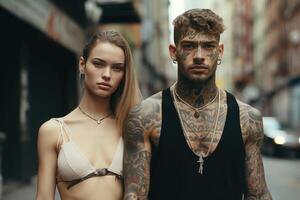 ai generato tatuato uomo e donna su un' città strada nel il pomeriggio foto