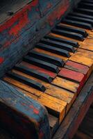 ai generato avvicinamento di il colorato chiavi di un vecchio pianoforte foto