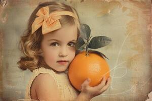 ai generato un' poco ragazza detiene un arancia nel sua mani su un' beige sfondo foto