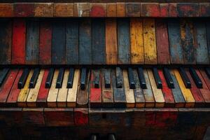 ai generato avvicinamento di il colorato chiavi di un vecchio pianoforte foto