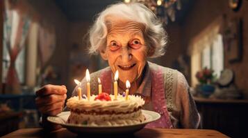 ai generato un anziano donna colpi su il candele su un' compleanno torta a sua casa foto