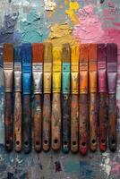 ai generato artistico spazzole spalmato nel dipingere su un' sfondo coperto con multicolore olio vernici foto