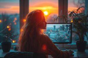 ai generato ritratto di un' giovane ragazza Lavorando a casa a un' computer di il finestra a tramonto. il concetto di un' libero professionista foto