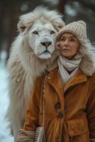 ai generato bellissimo alla moda giovane donna con un' bellissimo grande Leone foto