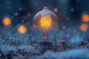 ai generato un ordinario incandescente leggero lampadina sta al di fuori nel inverno e ustioni foto