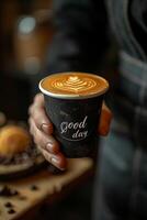 ai generato il iscrizione bene pomeriggio . bene pomeriggio su un' caffè tazza nel il mani di un' uomo foto