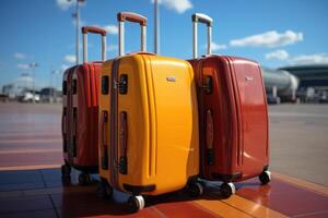 ai generato tre elegante colorato valigie in piedi nel un vuoto aeroporto foto