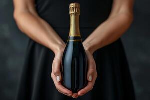 ai generato avvicinamento di un' donna di mano Tenere un' bottiglia di Champagne. posto per il iscrizione foto