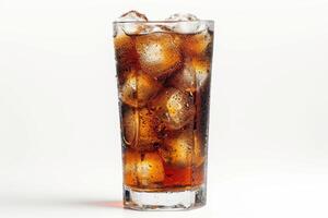 ai generato Coca Cola con ghiaccio nel un' bicchiere su un' bianca sfondo foto