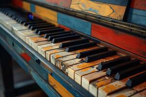 ai generato avvicinamento di il colorato chiavi di un vecchio pianoforte foto