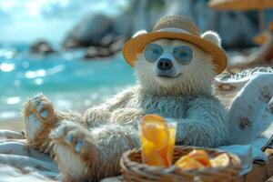 ai generato un' polare orso nel un' cappello e bicchieri è rilassante su il spiaggia nel un' carrozza longue potabile arancia succo. 3d illustrazione foto