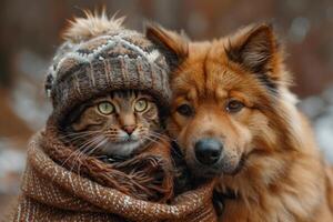 ai generato un' cane e un' gatto nel un' cappello avvolto nel un' plaid nel inverno su il strada. amicizia di animali domestici foto