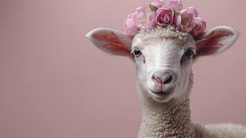 ai generato adorabile Pasqua agnello con fiorisce, Perfetto copia spazio foto