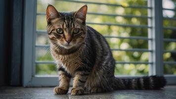 ai generato un' maestoso soriano gatto si siede su un' marciapiede, crogiolarsi nel luce del sole con Impressionante occhi e un' sereno espressione foto