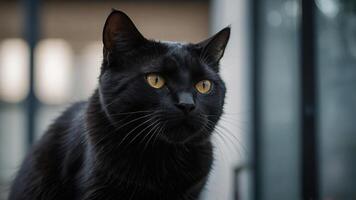 ai generato un' avvicinamento foto cattura il intenso sguardo di un' nero gatto con Impressionante giallo occhi. il gatti pelliccia è elegante e brillante, e il messa a fuoco affila il dettagli di suo viso