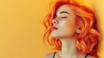 ai generato un' donna con vivace arancia capelli e chiuso occhi pose contro un arancia sfondo, veicolare un' senso di la tranquillità e stile. foto