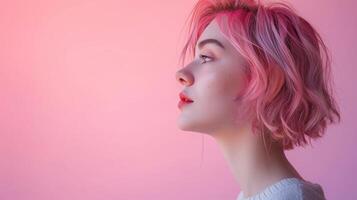 ai generato un' ritratto di un' giovane donna con tinto di rosa capelli contro un' morbido rosa sfondo, in mostra un' riflessivo espressione foto