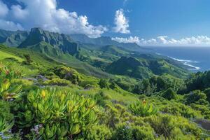 ai generato montagnoso tropicale costa con lussureggiante vegetazione foto