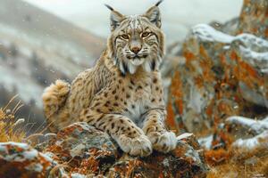 ai generato eurasiatico lince si siede su un' roccia nel il nevoso montagne foto