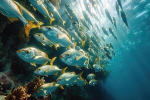 ai generato pesce shoaling subacqueo nel mare foto