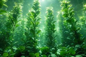 ai generato verde alghe nel il in profondità tropicale mare. subacqueo scena con luce del sole foto