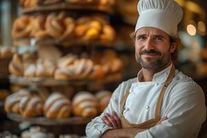 ai generato ritratto di fiducioso maschio panettiere in piedi con braccia attraversato e guardare a telecamera nel forno foto