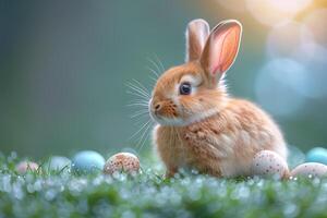 ai generato Pasqua carta, carino coniglio tra pasquale uova foto