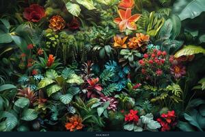 ai generato tropicale giardino sfondo con fiori e impianti foto