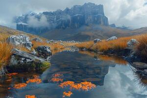 ai generato nebbioso autunno paesaggio con un' lago e montagne nel il sfondo foto