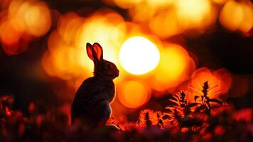 ai generato staglia coniglio contro un' caldo bokeh leggero sfondo suggerendo il Magia di Pasqua, natura, e primavera concetti foto