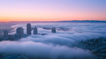 ai generato alba paesaggio urbano sopra nebbia, morbido Alba foto