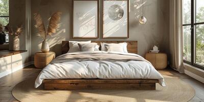 ai generato luminosa e accogliente moderno Camera da letto con di legno grande letto. levigante mattina leggero con moderno decorazione. 3d rendere foto