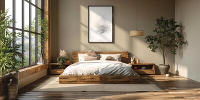 ai generato luminosa e accogliente moderno Camera da letto con di legno grande letto. levigante mattina leggero con moderno decorazione. 3d rendere foto