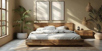 ai generato luminosa e accogliente moderno Camera da letto con di legno grande letto. levigante mattina leggero con moderno decorazione. 3d rendere foto